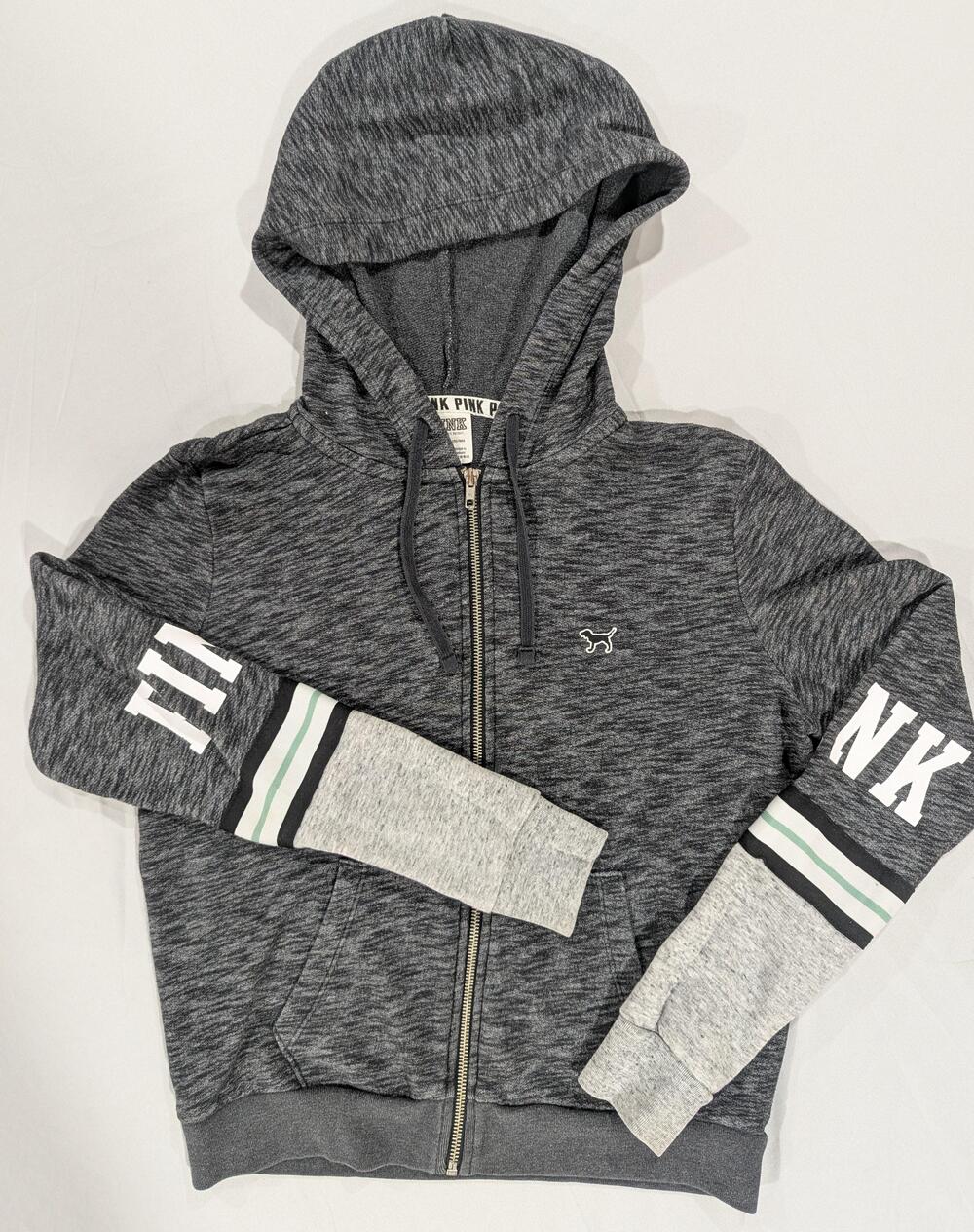 PINK Victoria's Secret Hoodie Juniors S Gray Full Zip Colorblock Logo Graphic